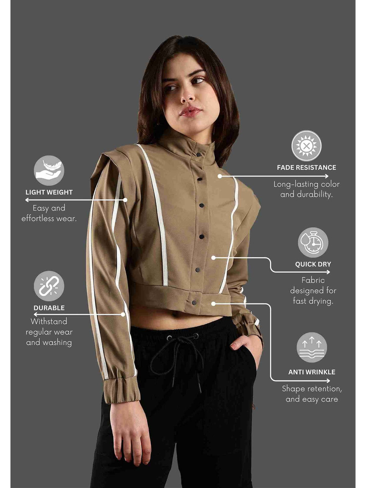 Beige Crop Jacket Shoulder Flap and Adjustable Drawstring Waist | JK12 - view 4