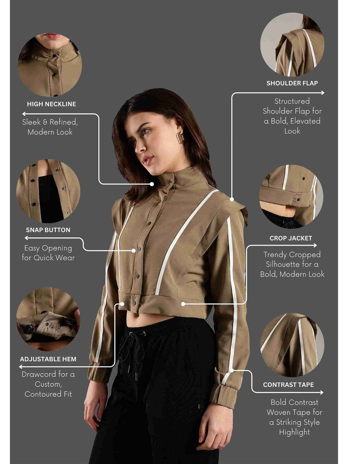 Beige Crop Jacket Shoulder Flap and Adjustable Drawstring Waist | JK12 - view 5