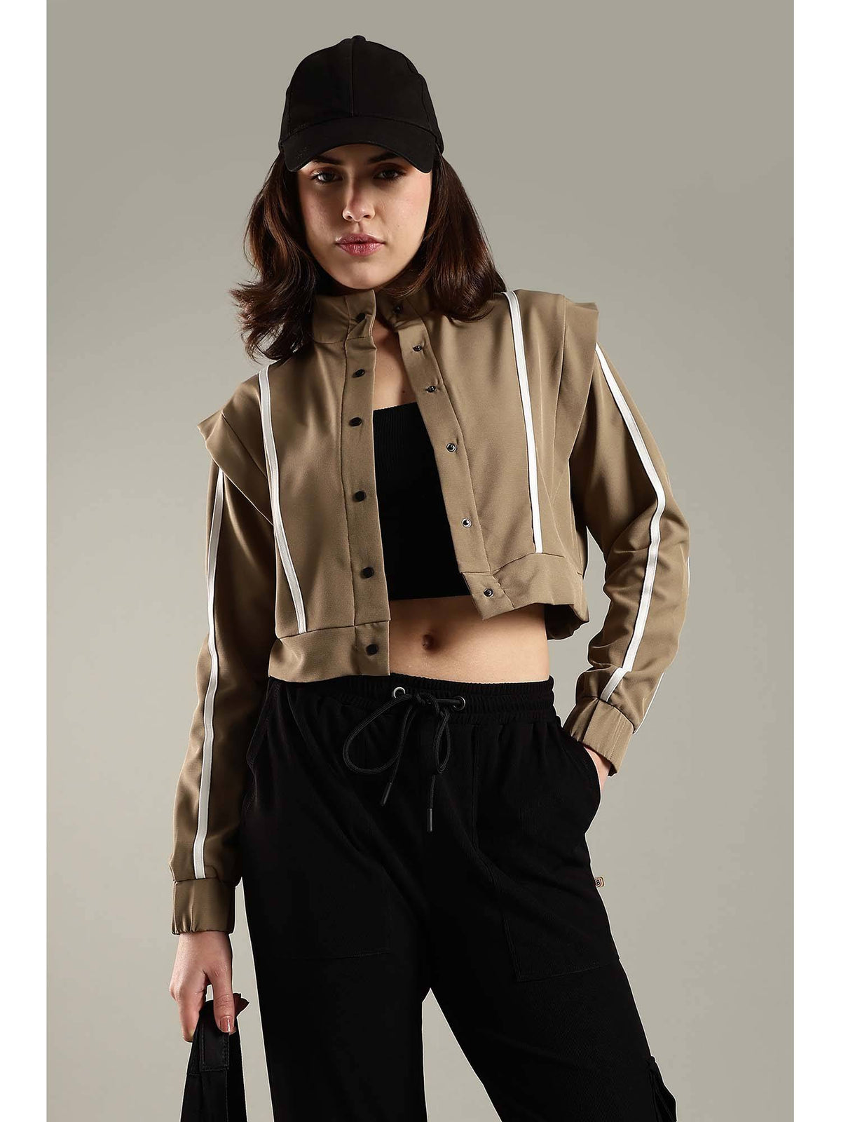 Beige Crop Jacket Shoulder Flap and Adjustable Drawstring Waist | JK12 - view 8