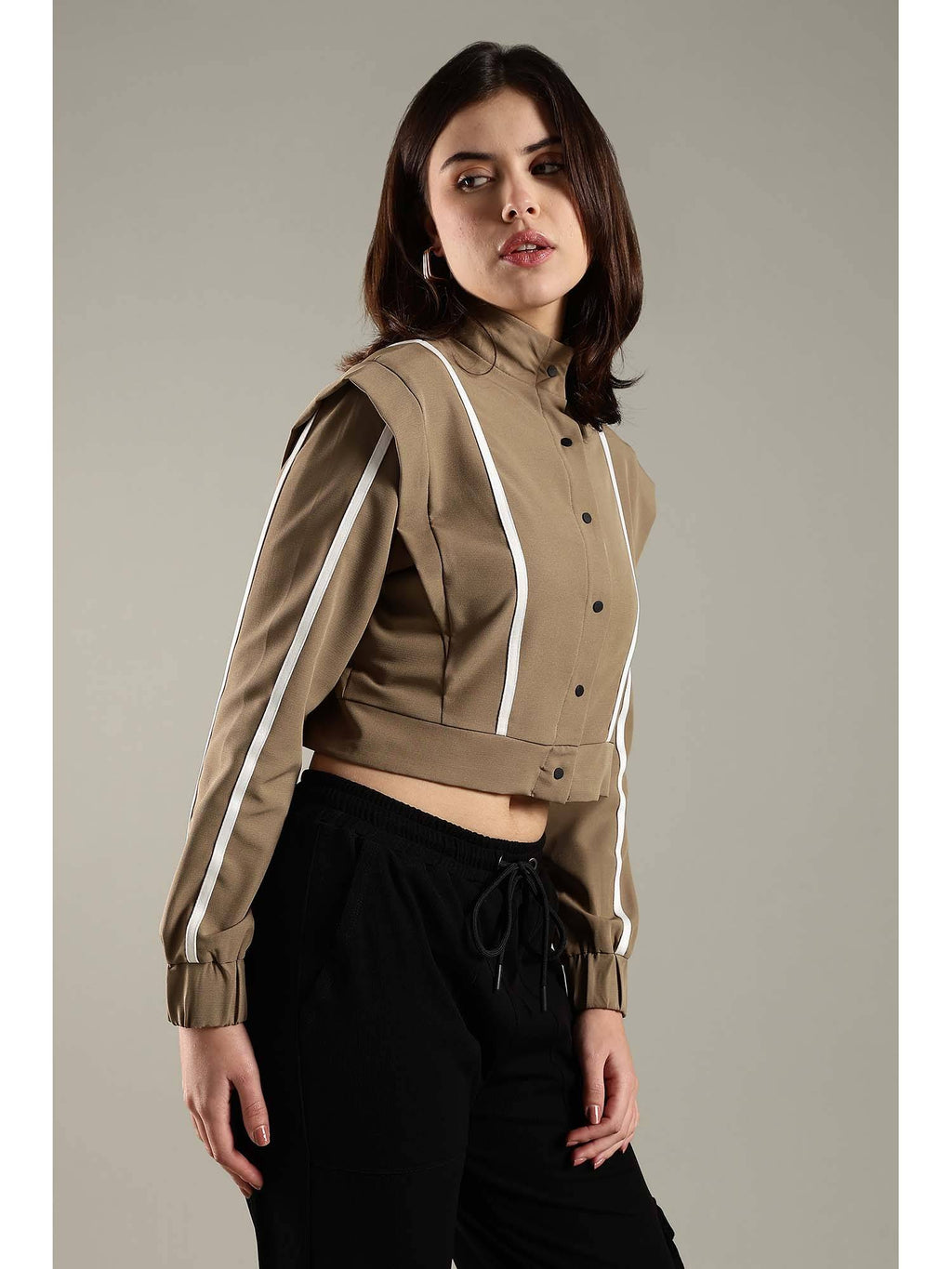 Beige Crop Jacket Shoulder Flap and Adjustable Drawstring Waist | JK12 - view 9
