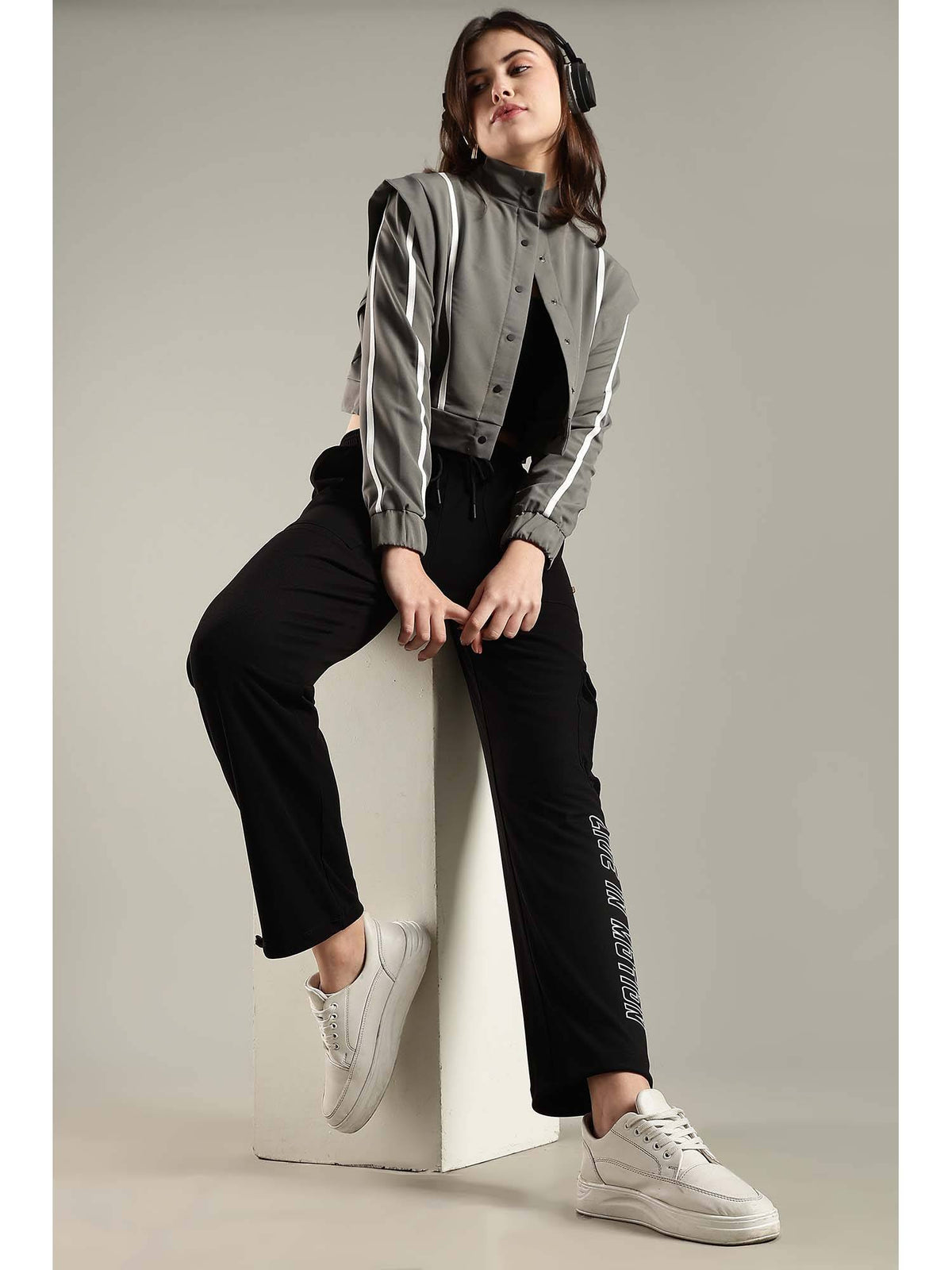 Grey Crop Jacket Shoulder Flap and Adjustable Drawstring Waist | JK12 - view 1