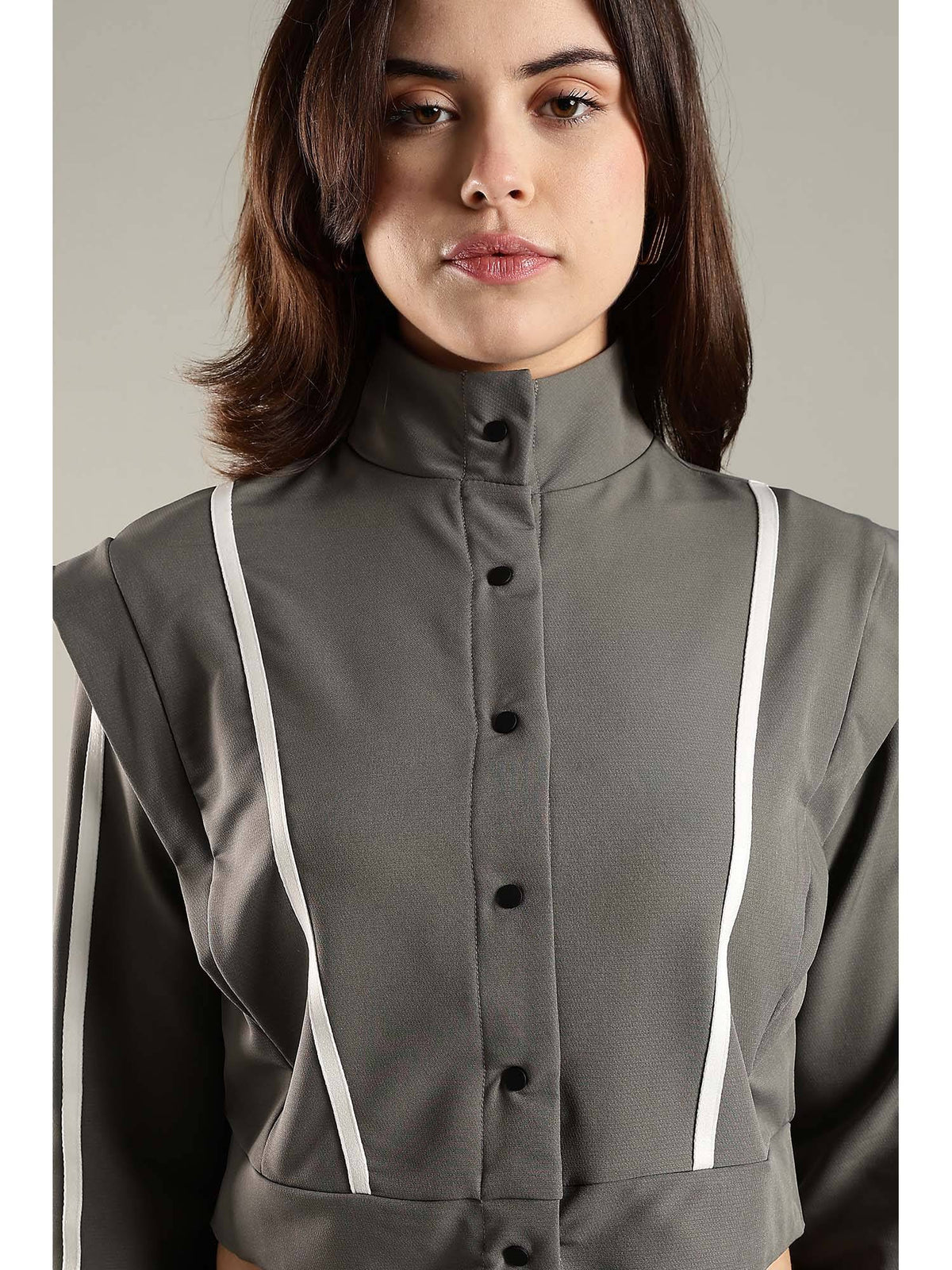Grey Crop Jacket Shoulder Flap and Adjustable Drawstring Waist | JK12 - view 2