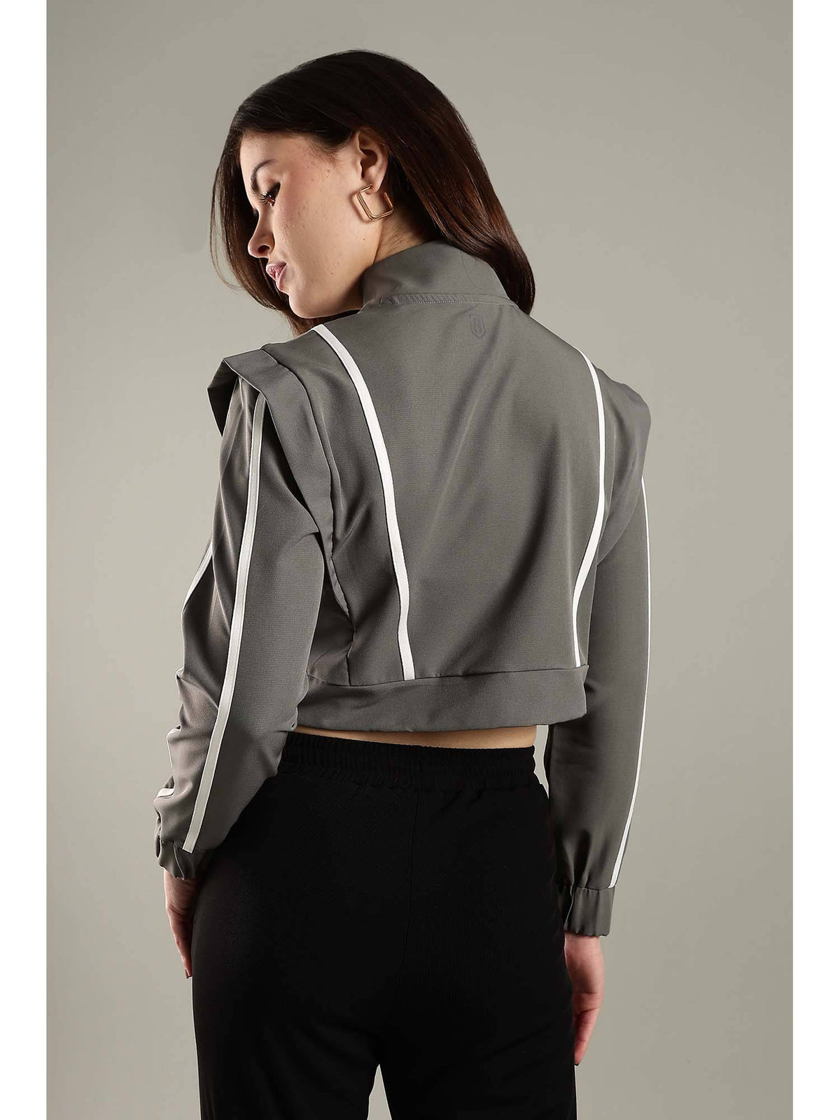 Grey Crop Jacket Shoulder Flap and Adjustable Drawstring Waist | JK12 - view 3