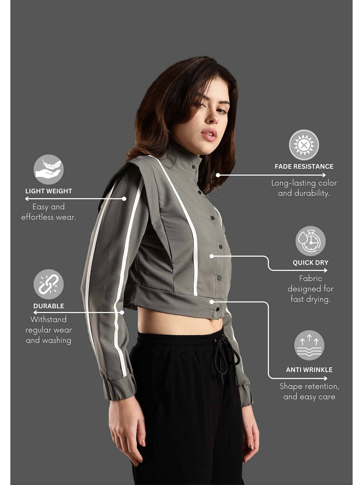 Grey Crop Jacket Shoulder Flap and Adjustable Drawstring Waist | JK12 - view 4