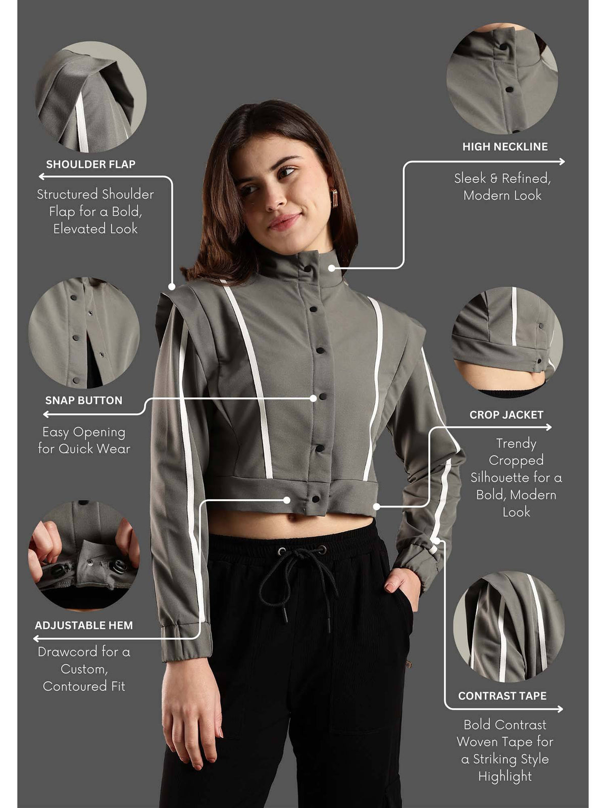 Grey Crop Jacket Shoulder Flap and Adjustable Drawstring Waist | JK12 - view 5