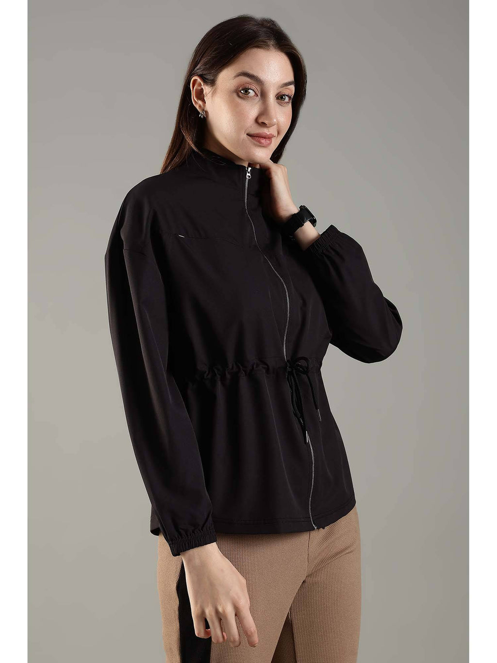 Black High Neck Jacket Invisible Cross Pockets Adjustable Drawstring Waist | JK12 - view 2
