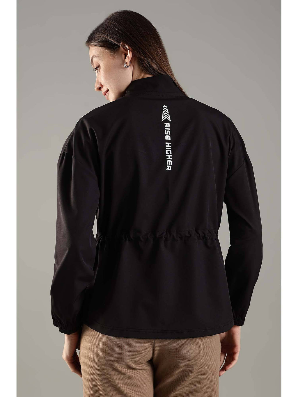 Black High Neck Jacket Invisible Cross Pockets Adjustable Drawstring Waist | JK12 - view 3