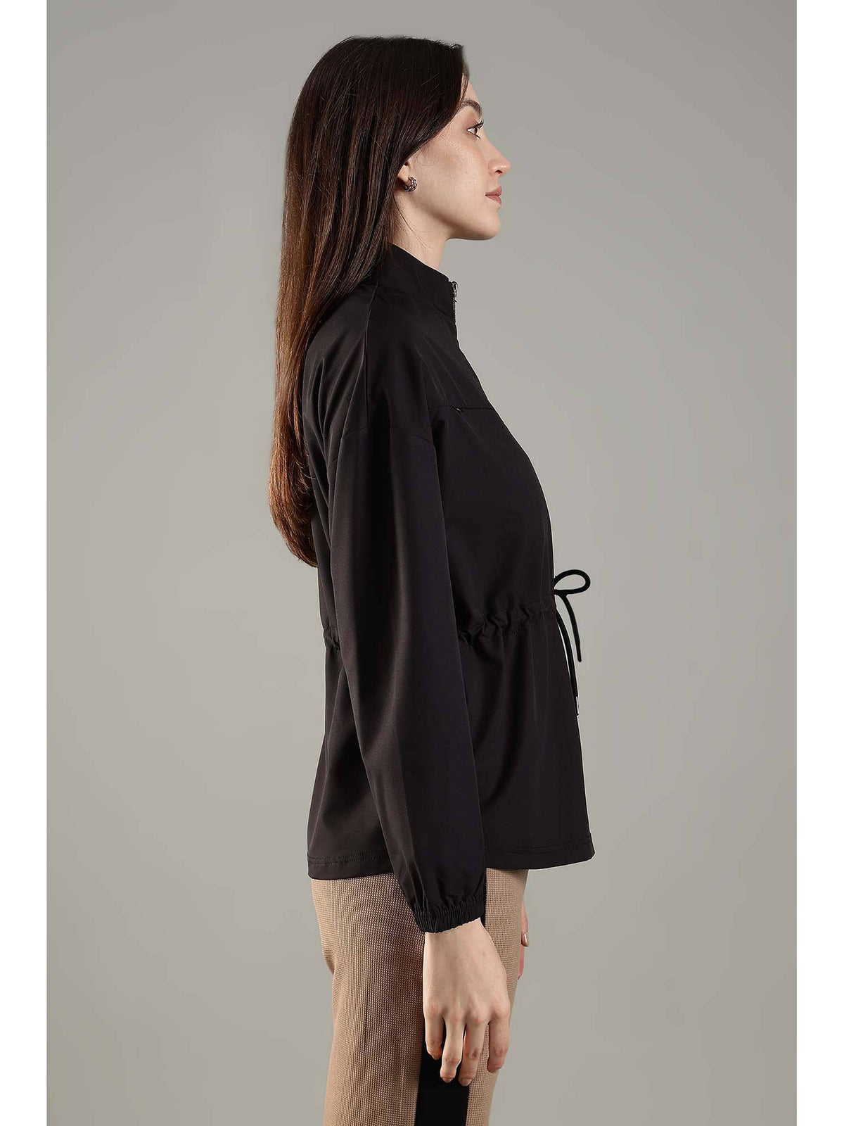 Black High Neck Jacket Invisible Cross Pockets Adjustable Drawstring Waist | JK12 - view 4