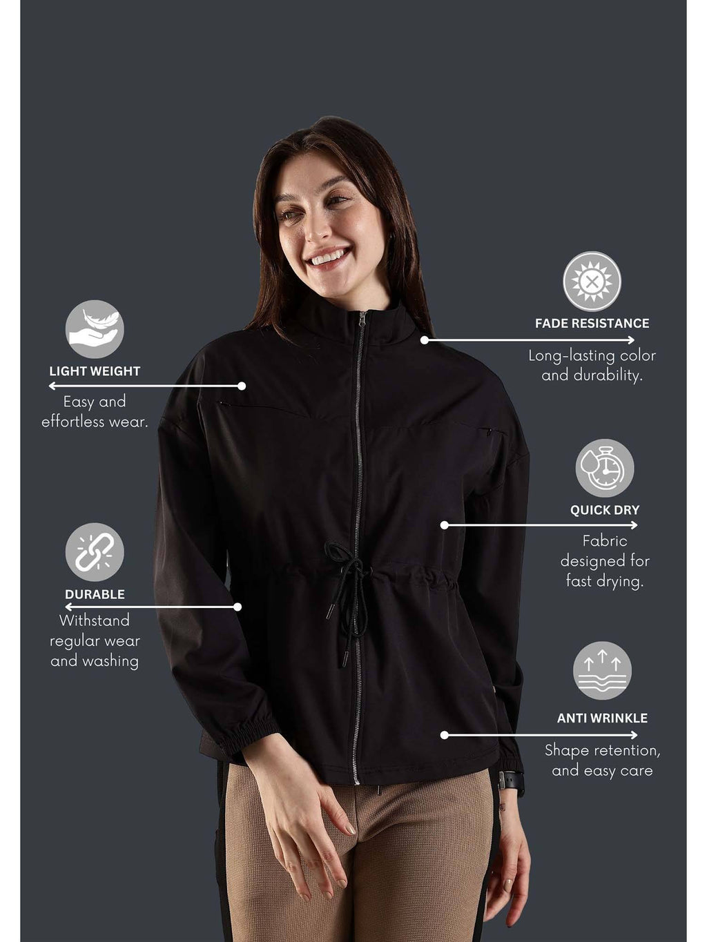 Black High Neck Jacket Invisible Cross Pockets Adjustable Drawstring Waist | JK12 - view 6
