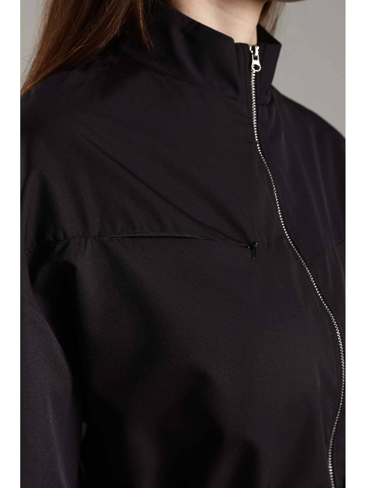 Black High Neck Jacket Invisible Cross Pockets Adjustable Drawstring Waist | JK12 - view 10
