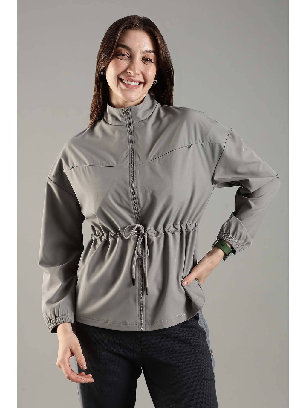 Grey High Neck Jacket Invisible Cross Pockets Adjustable Drawstring Waist | JK12 - view 1