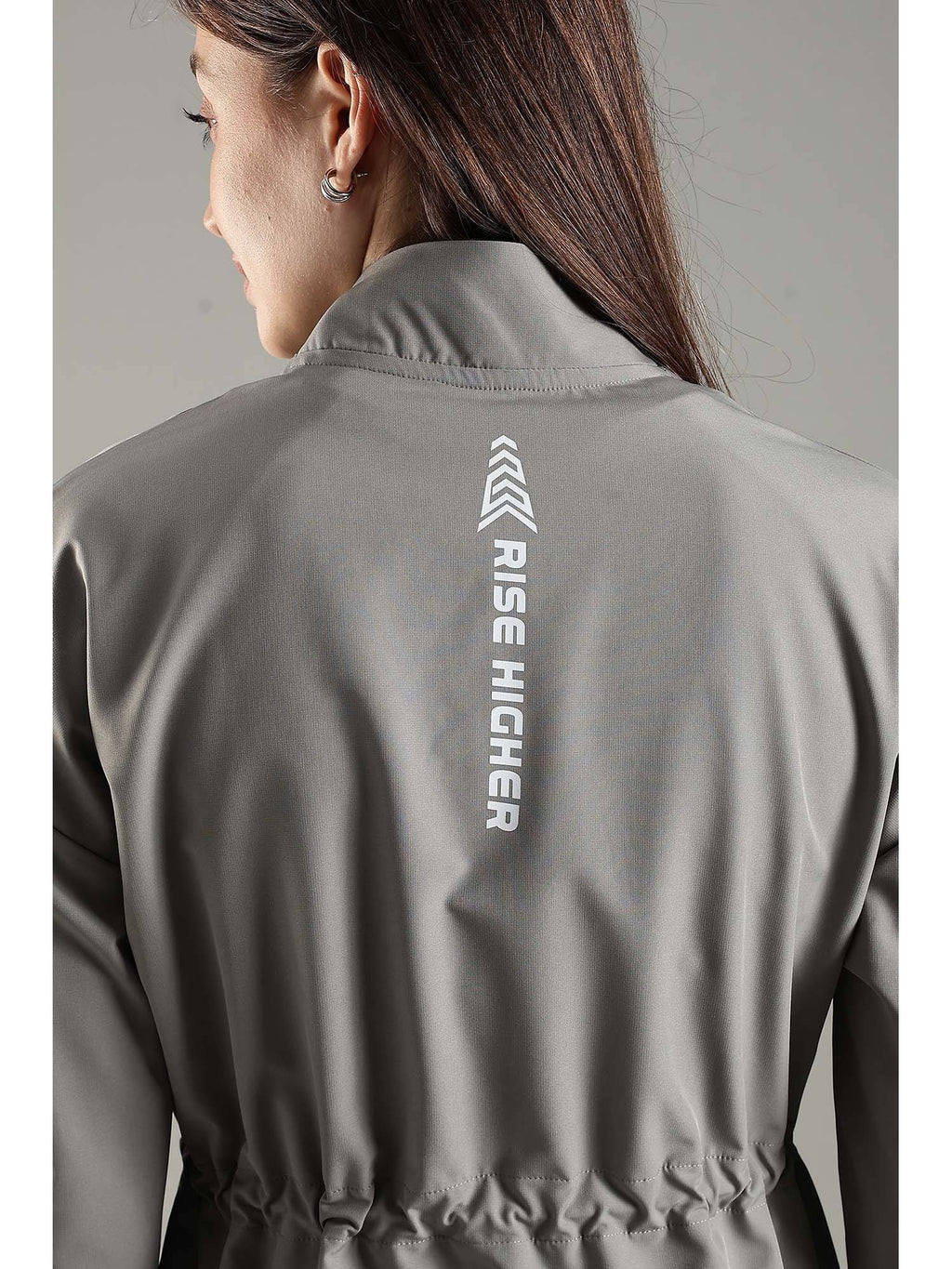 Grey High Neck Jacket Invisible Cross Pockets Adjustable Drawstring Waist | JK12 - view 2