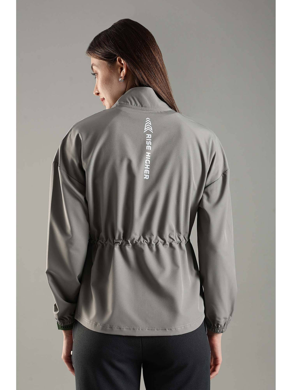 Grey High Neck Jacket Invisible Cross Pockets Adjustable Drawstring Waist | JK12 - view 3