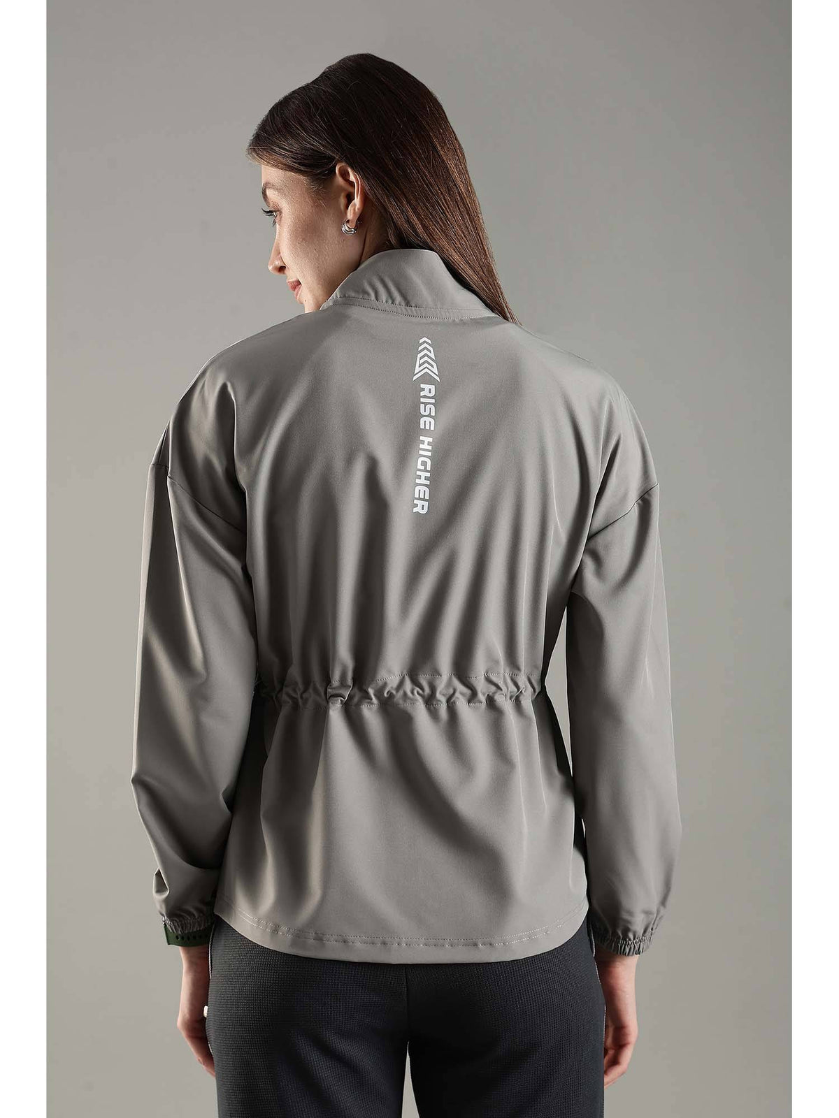Grey High Neck Jacket Invisible Cross Pockets Adjustable Drawstring Waist | JK12 - view 3