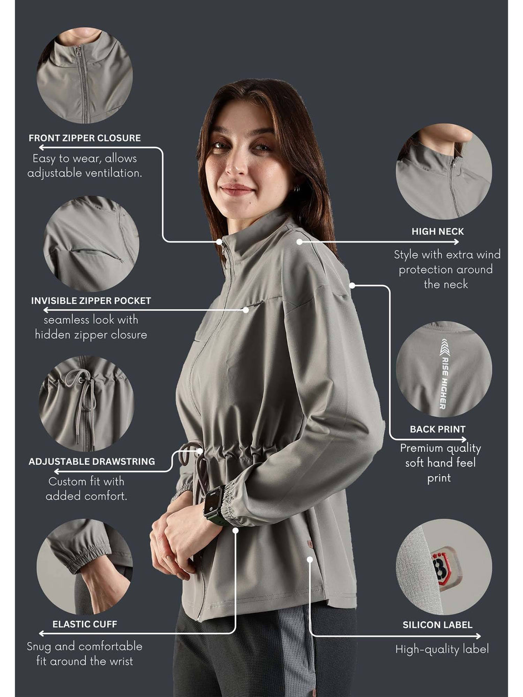 Grey High Neck Jacket Invisible Cross Pockets Adjustable Drawstring Waist | JK12 - view 4