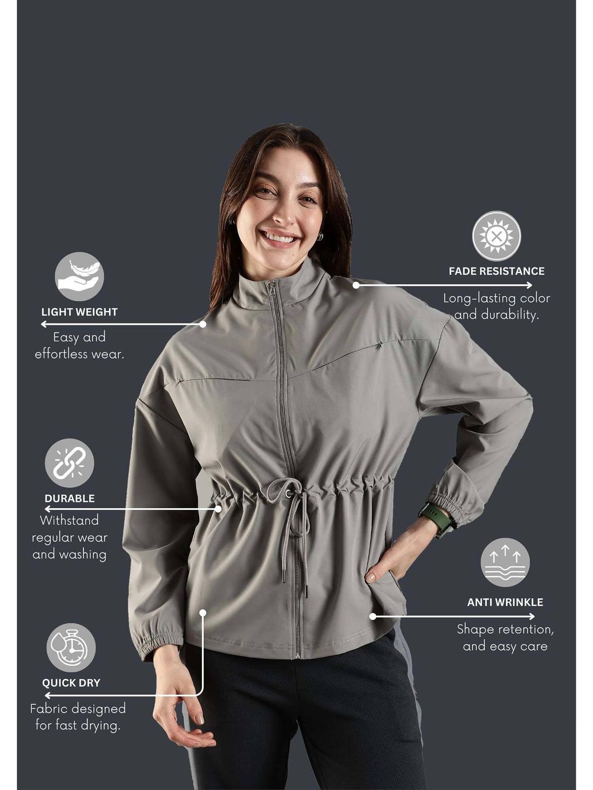 Grey High Neck Jacket Invisible Cross Pockets Adjustable Drawstring Waist | JK12 - view 5