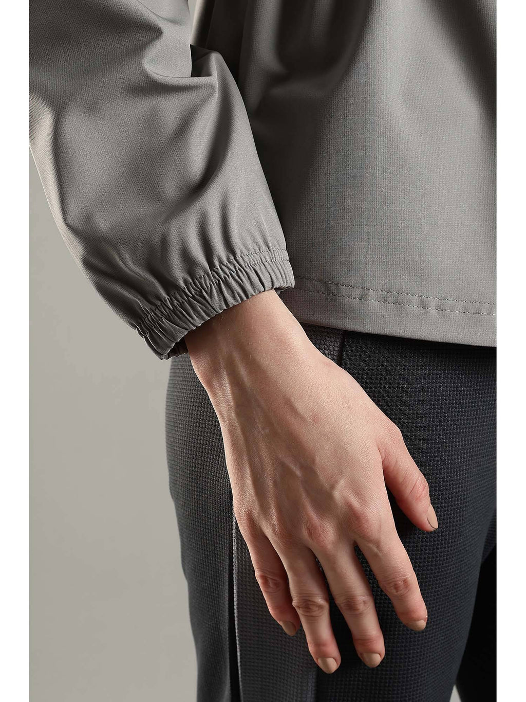 Grey High Neck Jacket Invisible Cross Pockets Adjustable Drawstring Waist | JK12 - view 6
