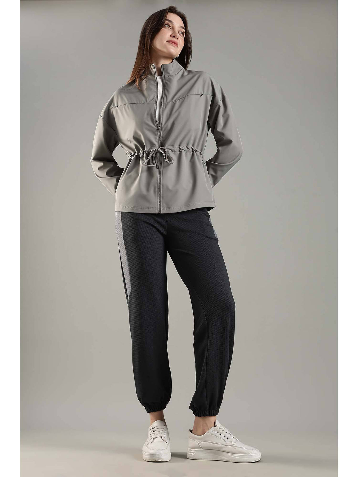 Grey High Neck Jacket Invisible Cross Pockets Adjustable Drawstring Waist | JK12 - view 7
