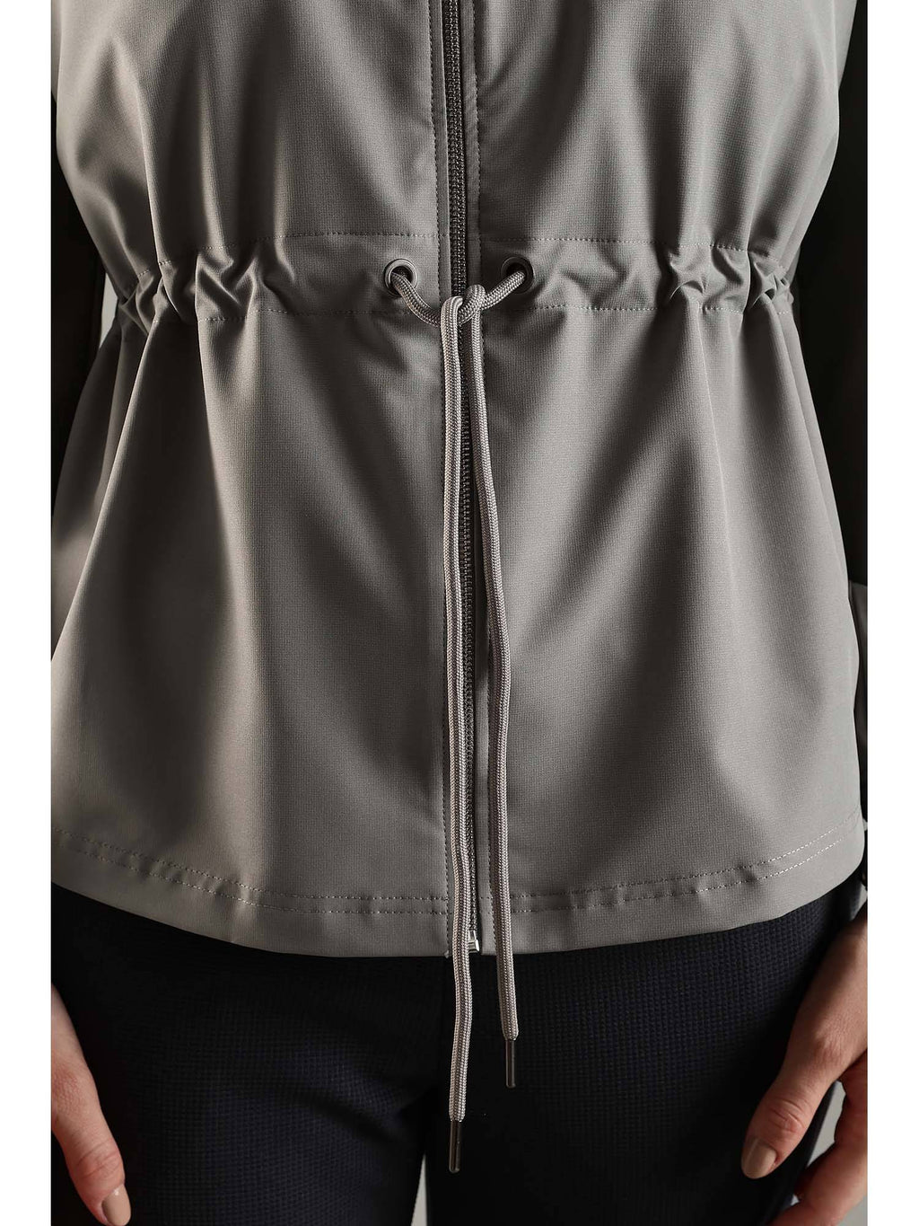 Grey High Neck Jacket Invisible Cross Pockets Adjustable Drawstring Waist | JK12 - view 8