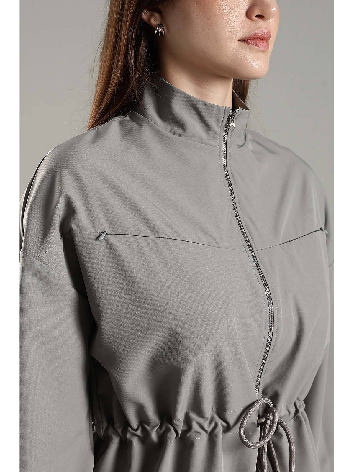 Grey High Neck Jacket Invisible Cross Pockets Adjustable Drawstring Waist | JK12 - view 9