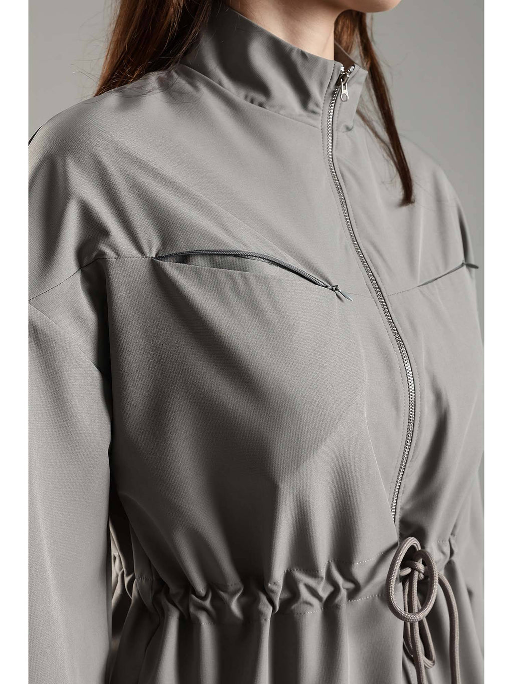 Grey High Neck Jacket Invisible Cross Pockets Adjustable Drawstring Waist | JK12 - view 10