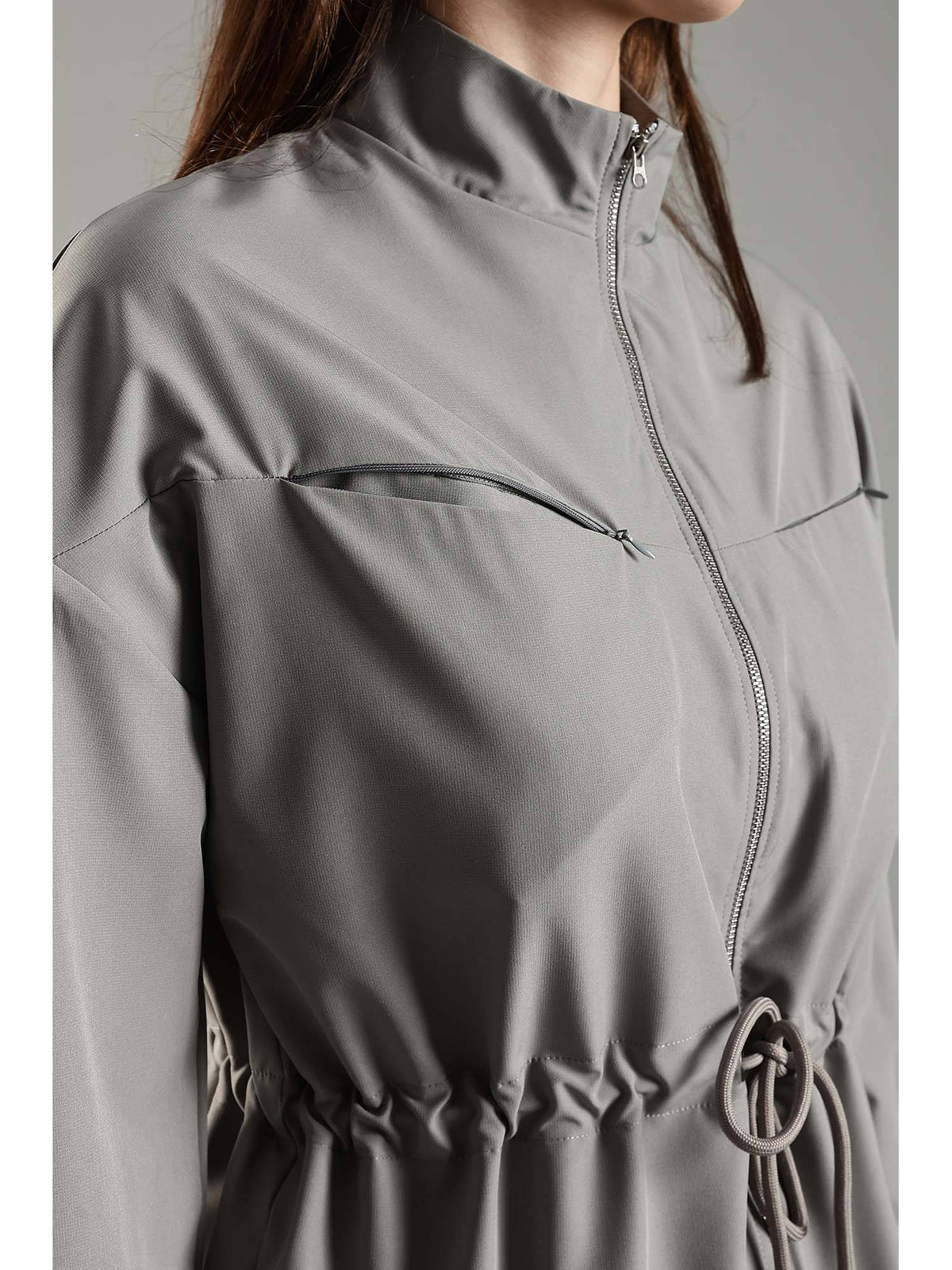 Grey High Neck Jacket Invisible Cross Pockets Adjustable Drawstring Waist | JK12 - view 10