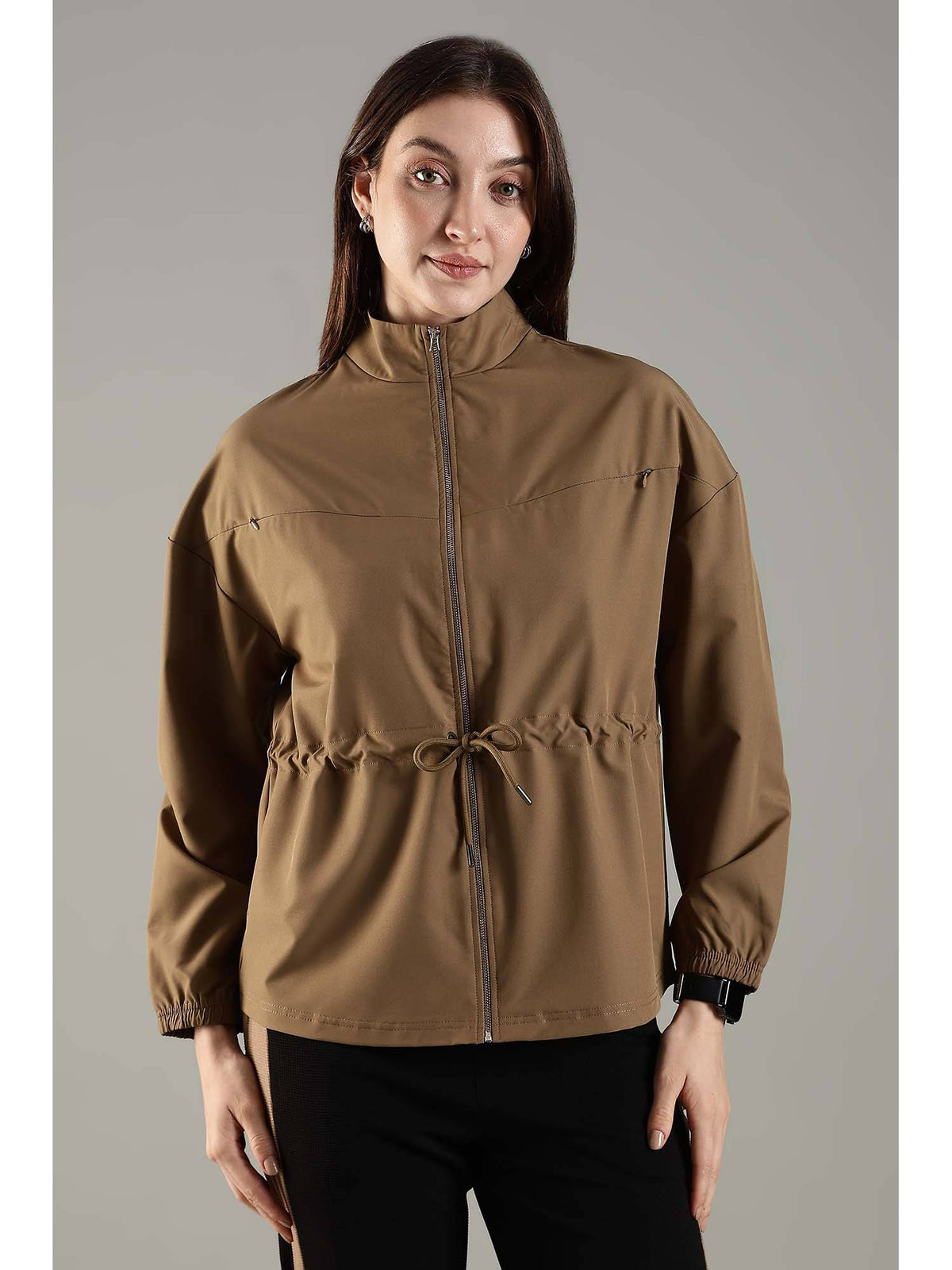 Grey High Neck Jacket Invisible Cross Pockets Adjustable Drawstring Waist | JK12 - view 21