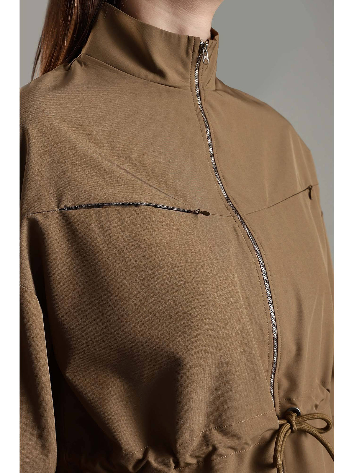 Khaki High Neck Jacket Invisible Cross Pockets Adjustable Drawstring Waist | JK12 - view 2
