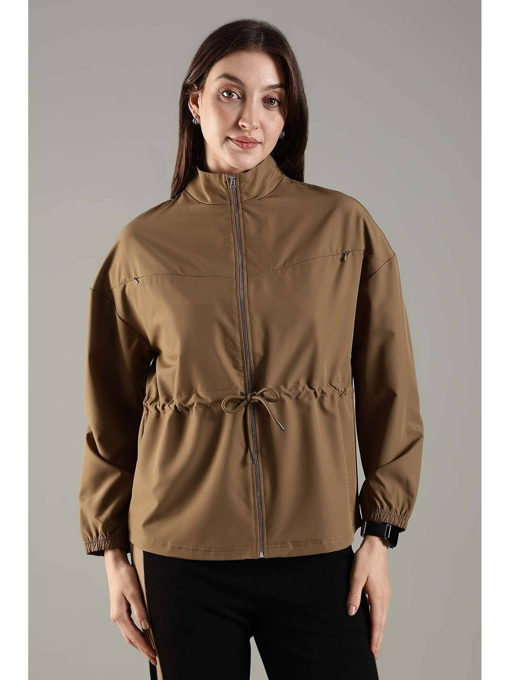 Khaki High Neck Jacket Invisible Cross Pockets Adjustable Drawstring Waist | JK12 - view 1
