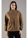 Khaki High Neck Jacket Invisible Cross Pockets Adjustable Drawstring Waist | JK12 - view 1