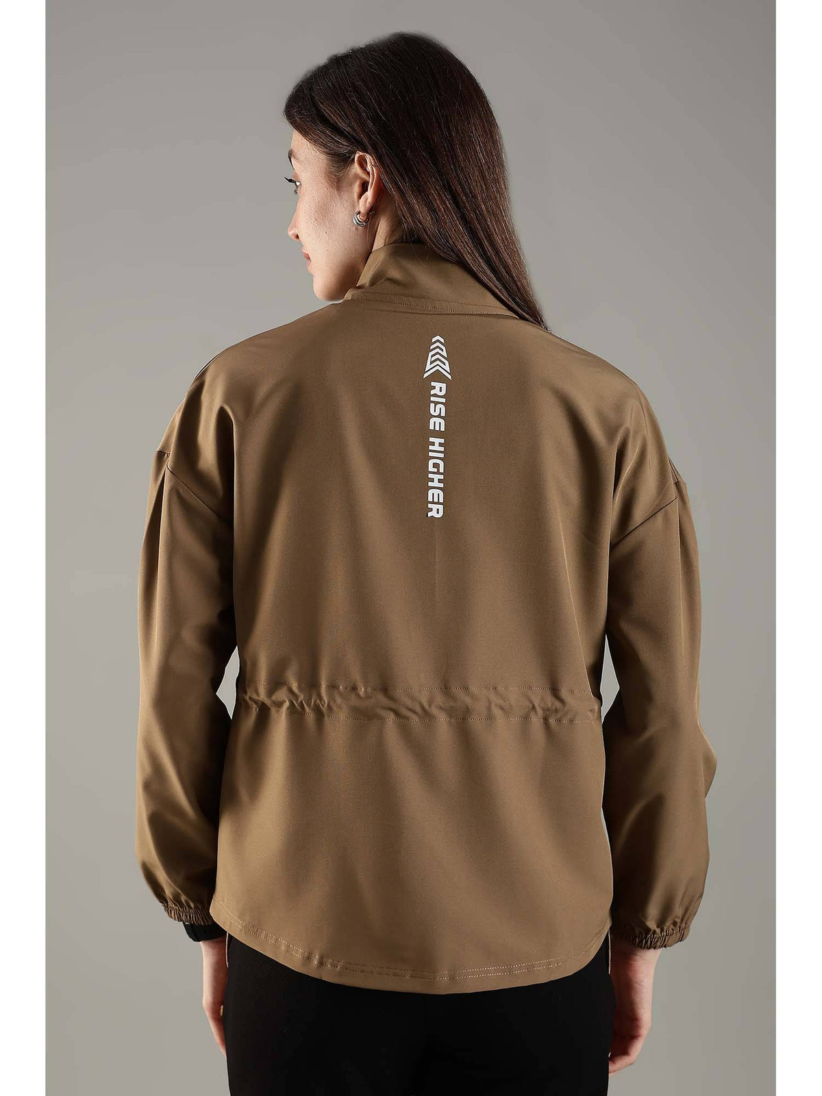 Khaki High Neck Jacket Invisible Cross Pockets Adjustable Drawstring Waist | JK12 - view 3