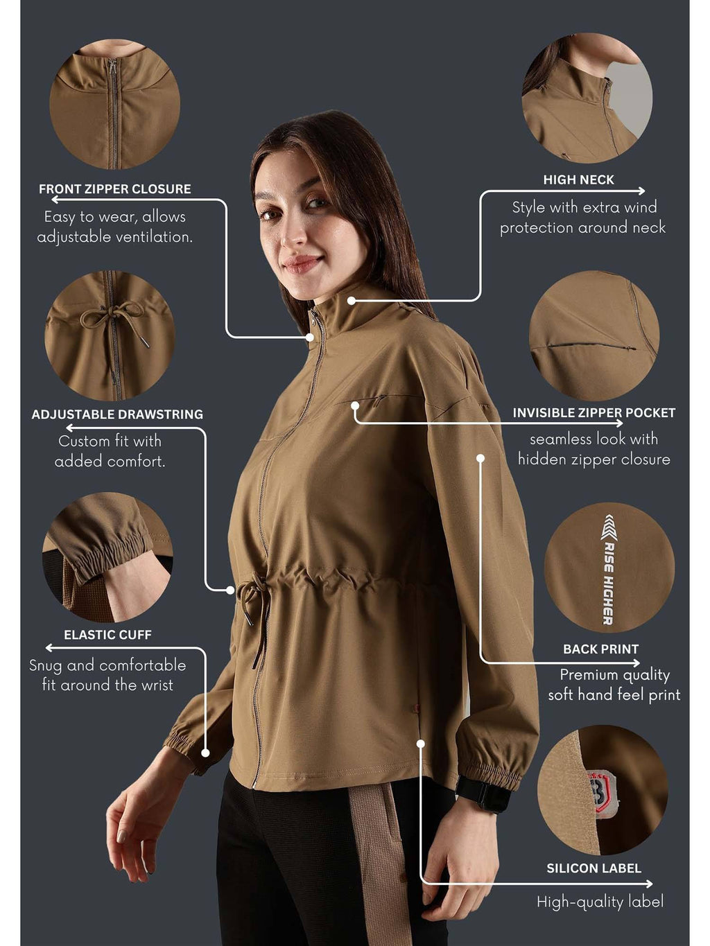 Khaki High Neck Jacket Invisible Cross Pockets Adjustable Drawstring Waist | JK12 - view 4