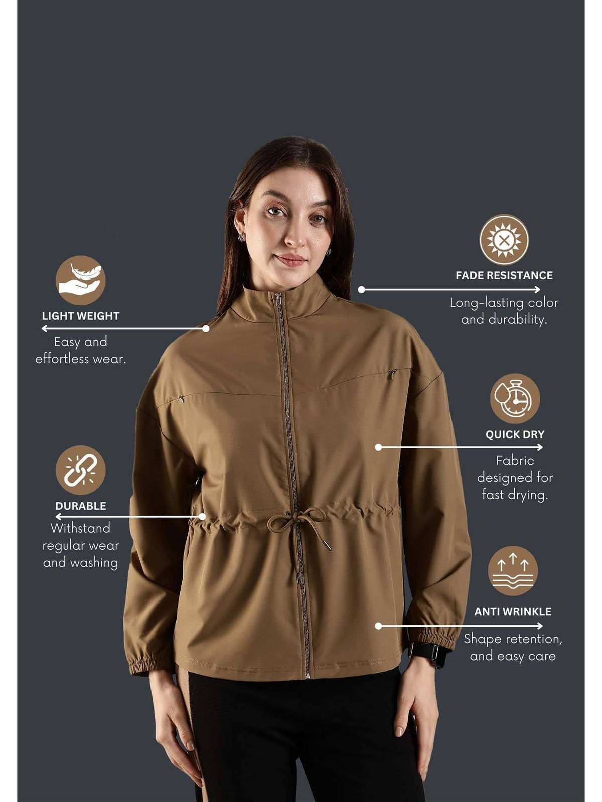 Khaki High Neck Jacket Invisible Cross Pockets Adjustable Drawstring Waist | JK12 - view 5