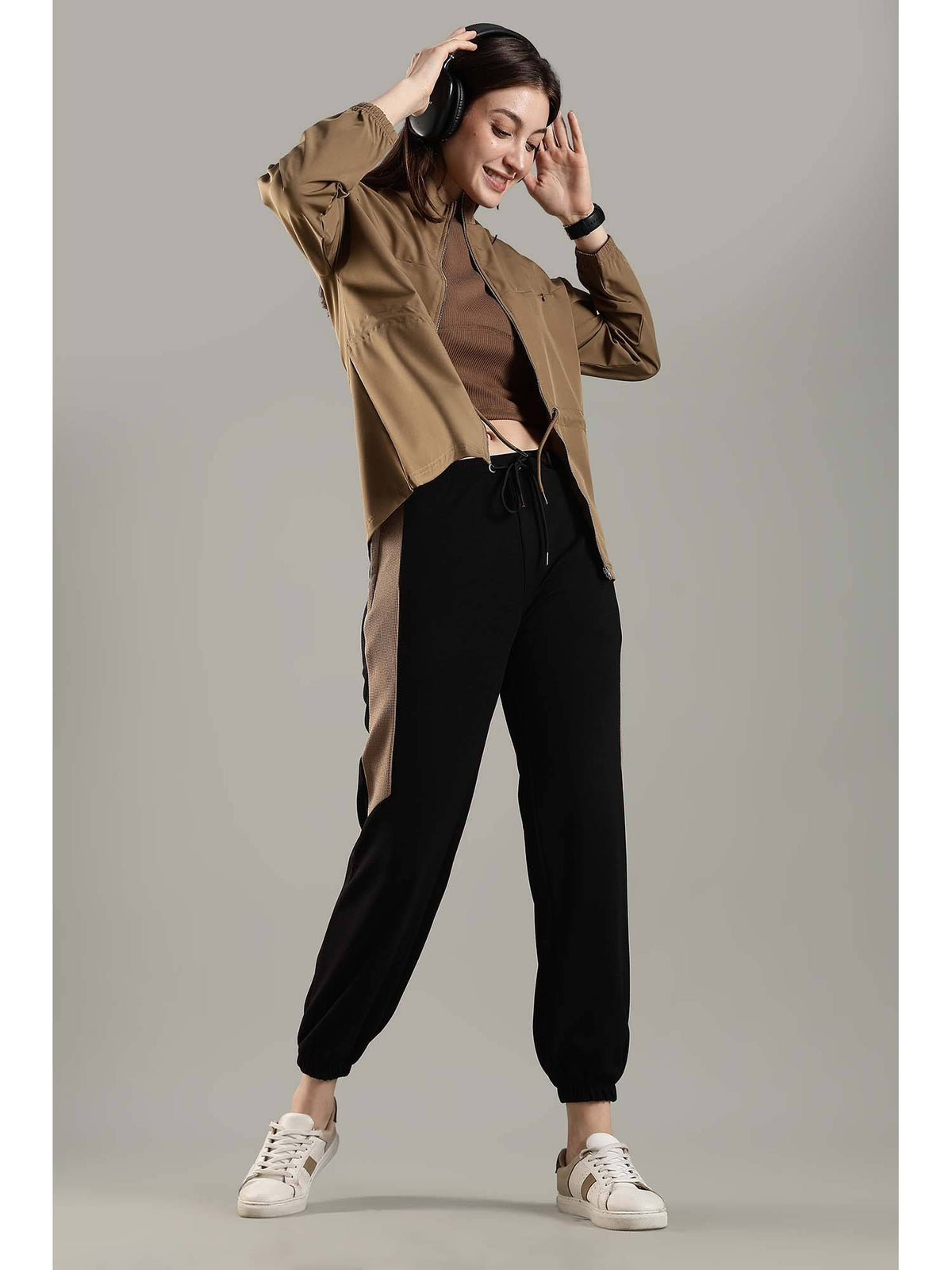 Khaki High Neck Jacket Invisible Cross Pockets Adjustable Drawstring Waist | JK12 - view 6