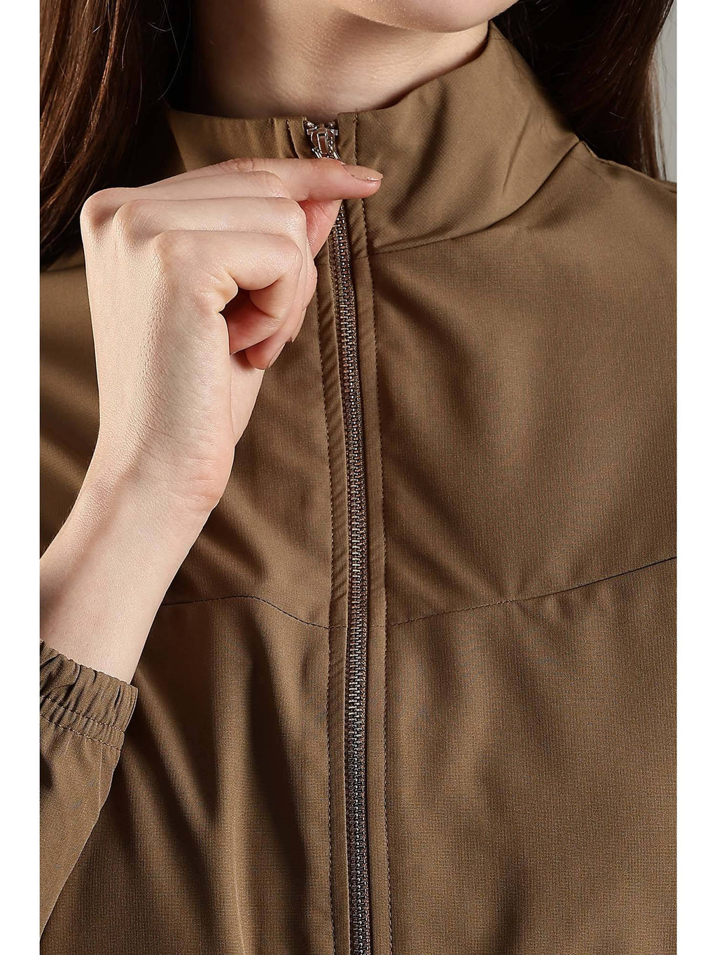 Khaki High Neck Jacket Invisible Cross Pockets Adjustable Drawstring Waist | JK12 - view 7