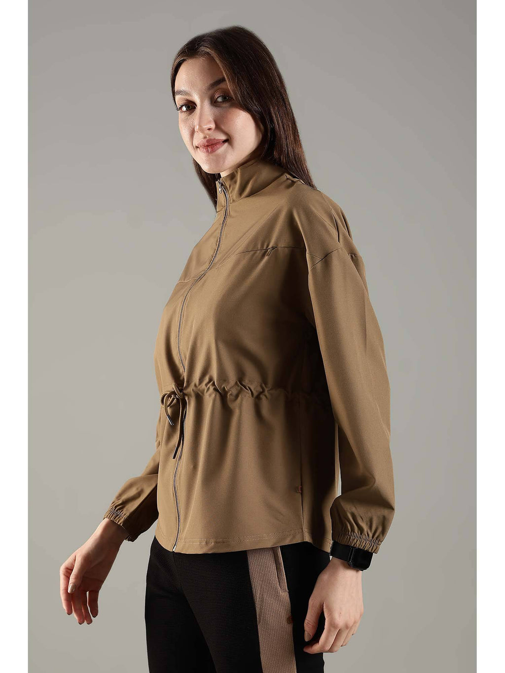 Khaki High Neck Jacket Invisible Cross Pockets Adjustable Drawstring Waist | JK12 - view 10