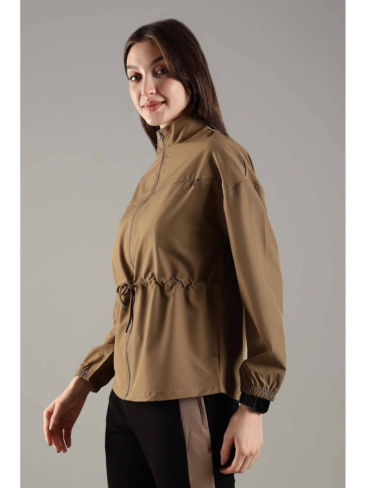 Khaki High Neck Jacket Invisible Cross Pockets Adjustable Drawstring Waist | JK12 - view 10
