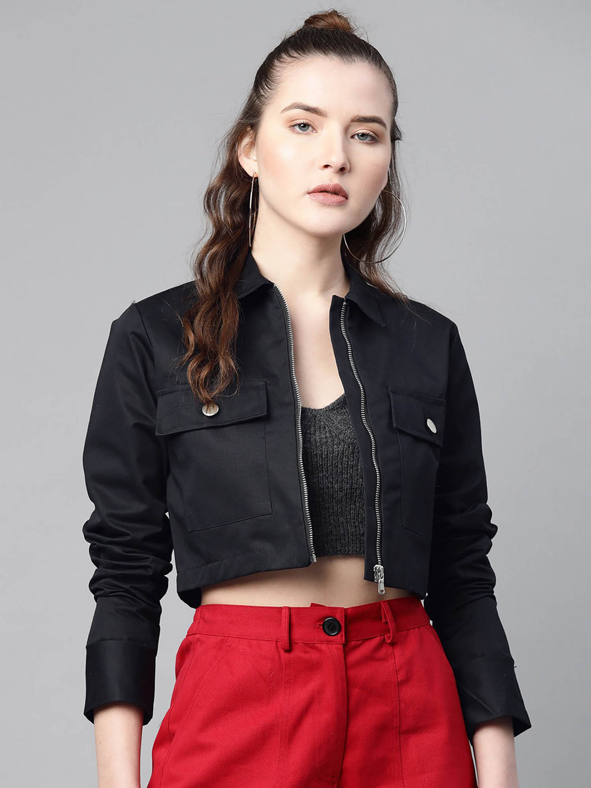Women Brown Solid Pure Cotton Crop Jacket | JC78 - view 25