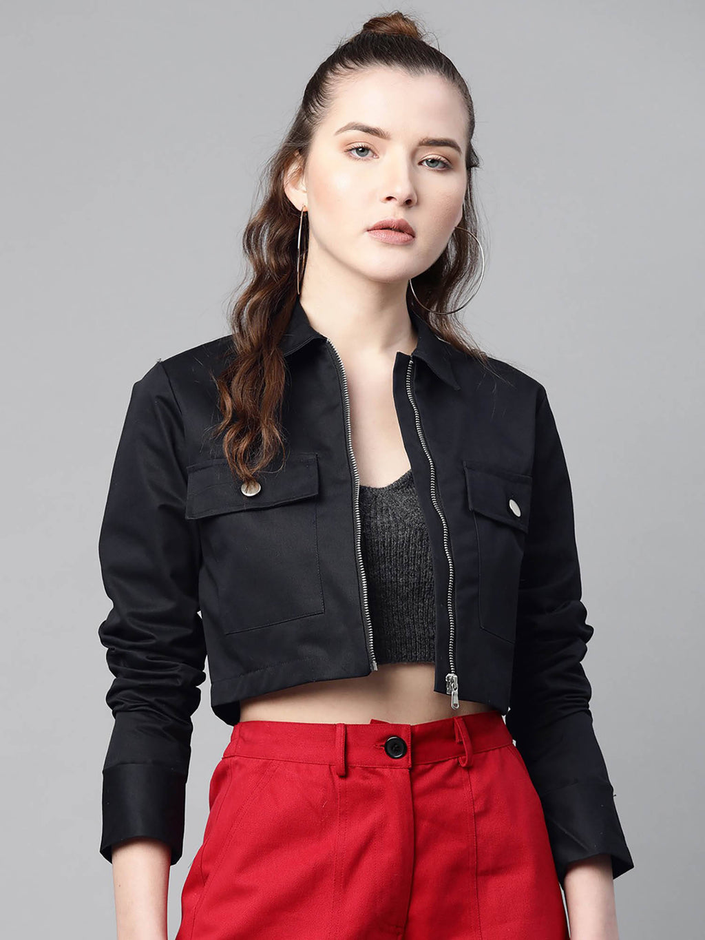 Women Black Solid Pure Cotton Crop Jacket | JC78 - view 1