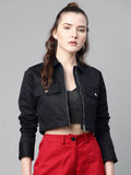 Women Black Solid Pure Cotton Crop Jacket | JC78 - view 1