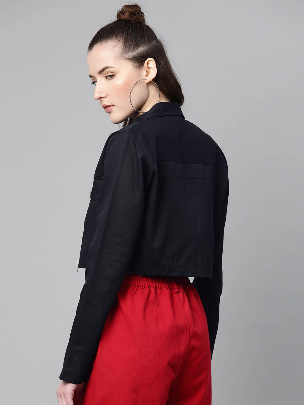 Women Black Solid Pure Cotton Crop Jacket | JC78 - view 2