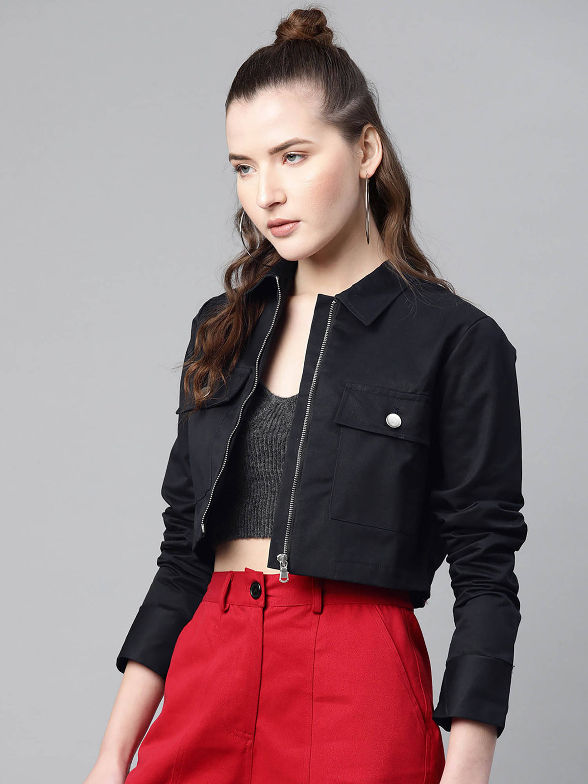 Women Black Solid Pure Cotton Crop Jacket | JC78 - view 3