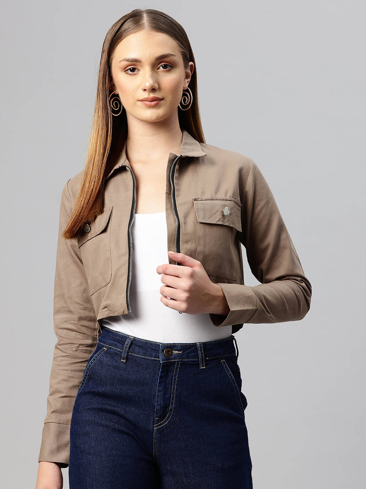 Women Brown Solid Pure Cotton Crop Jacket | JC78 - view 1
