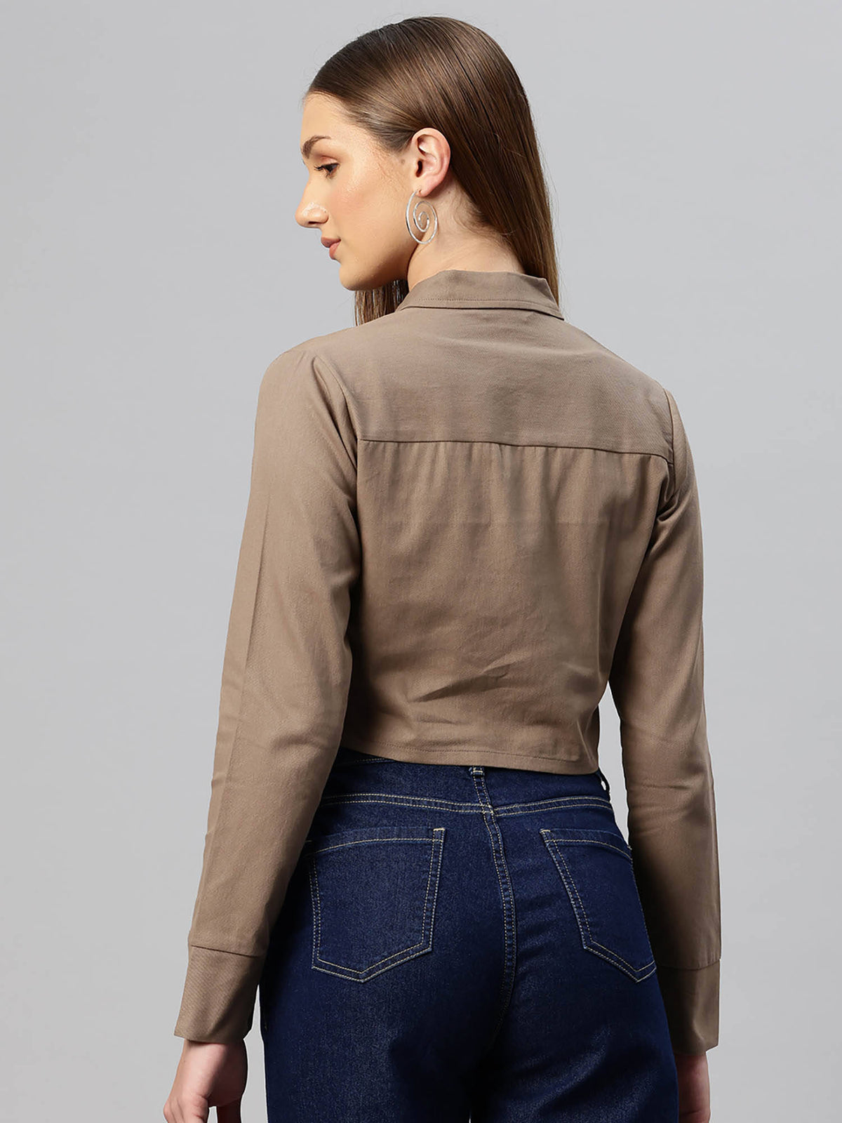 Women Brown Solid Pure Cotton Crop Jacket | JC78 - view 2