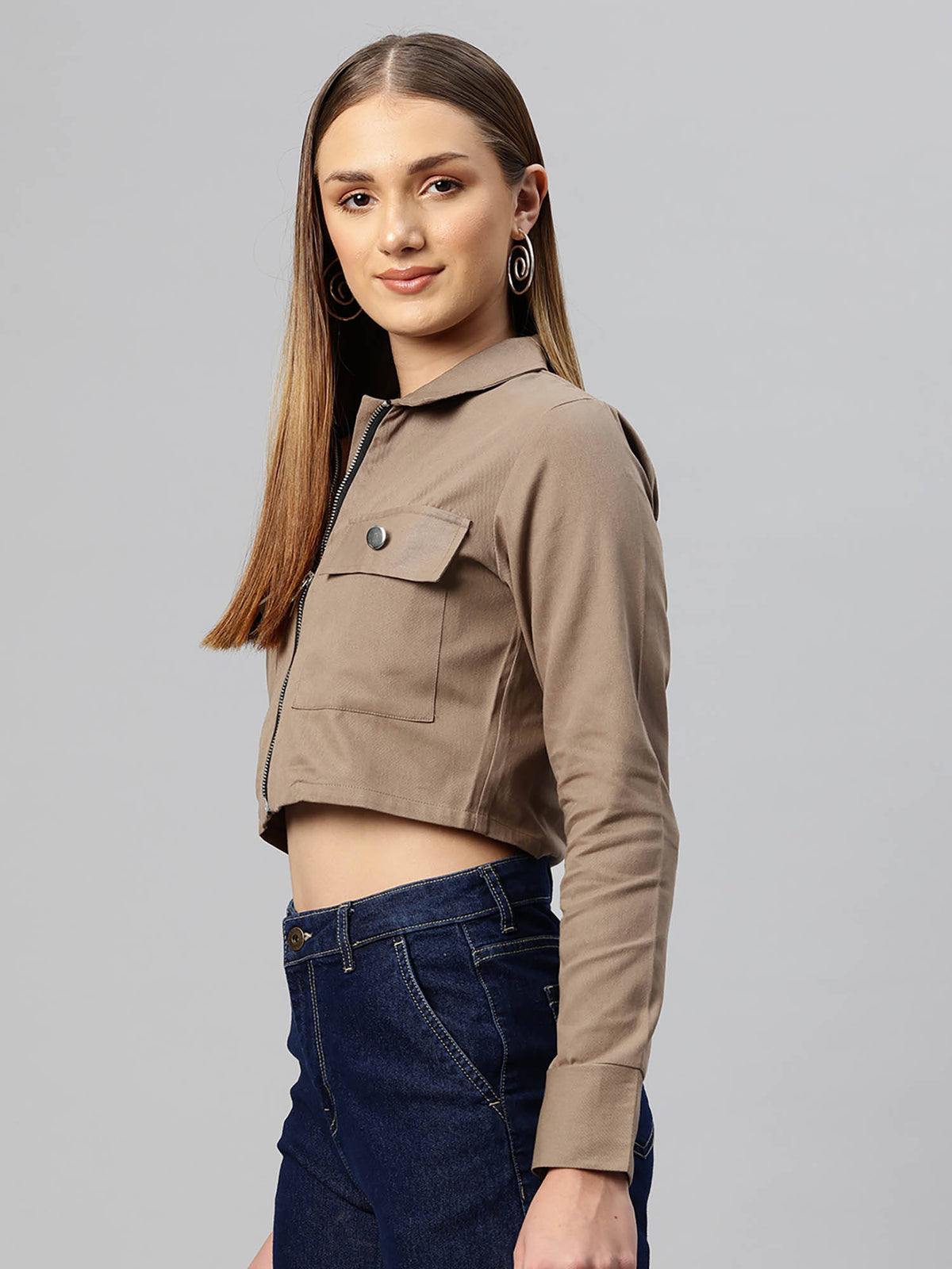 Women Brown Solid Pure Cotton Crop Jacket | JC78 - view 3