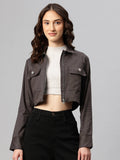 Women Charcoal Solid Pure Cotton Crop Jacket | JC78 - view 1