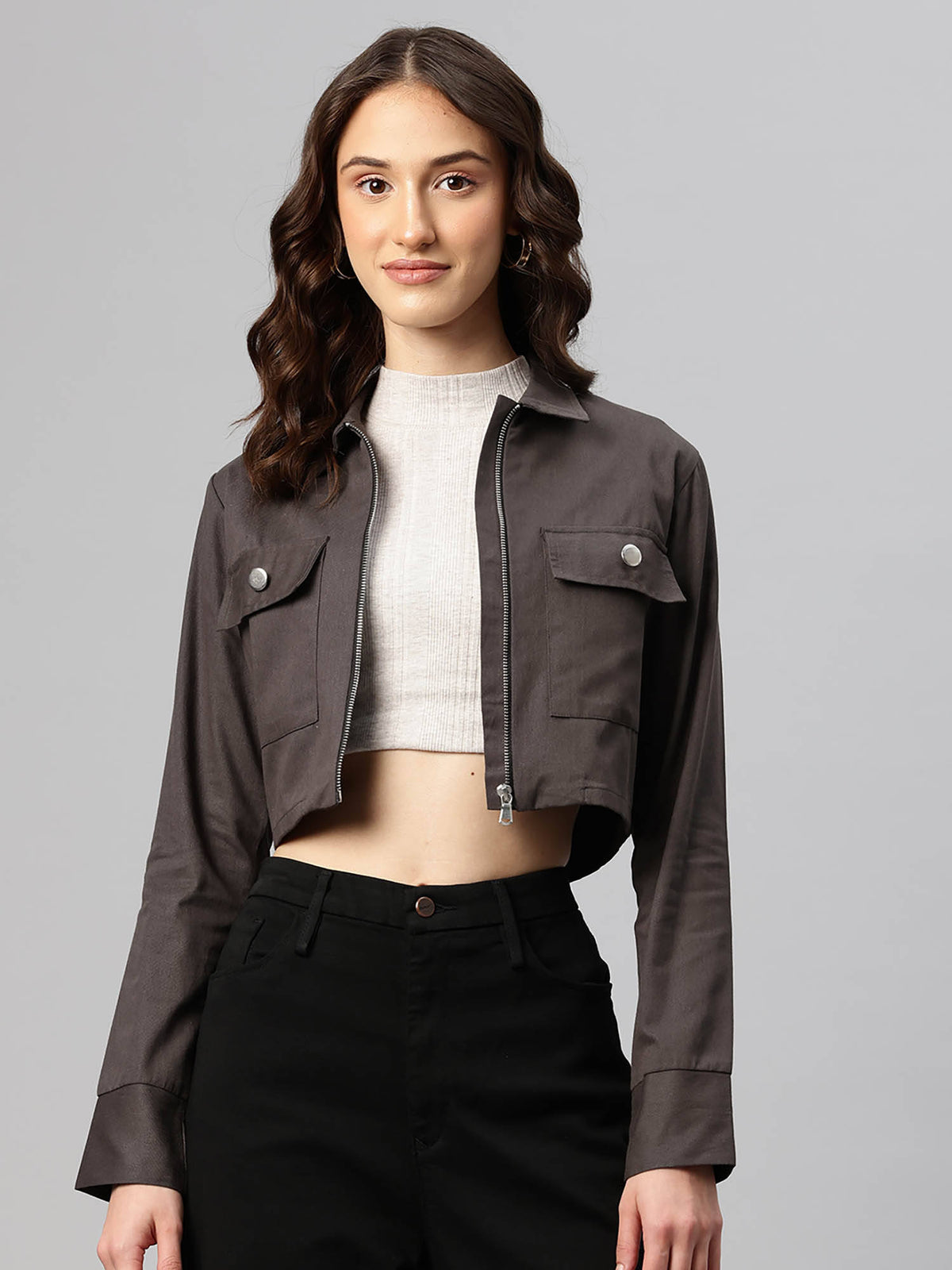 Women Brown Solid Pure Cotton Crop Jacket | JC78 - view 30
