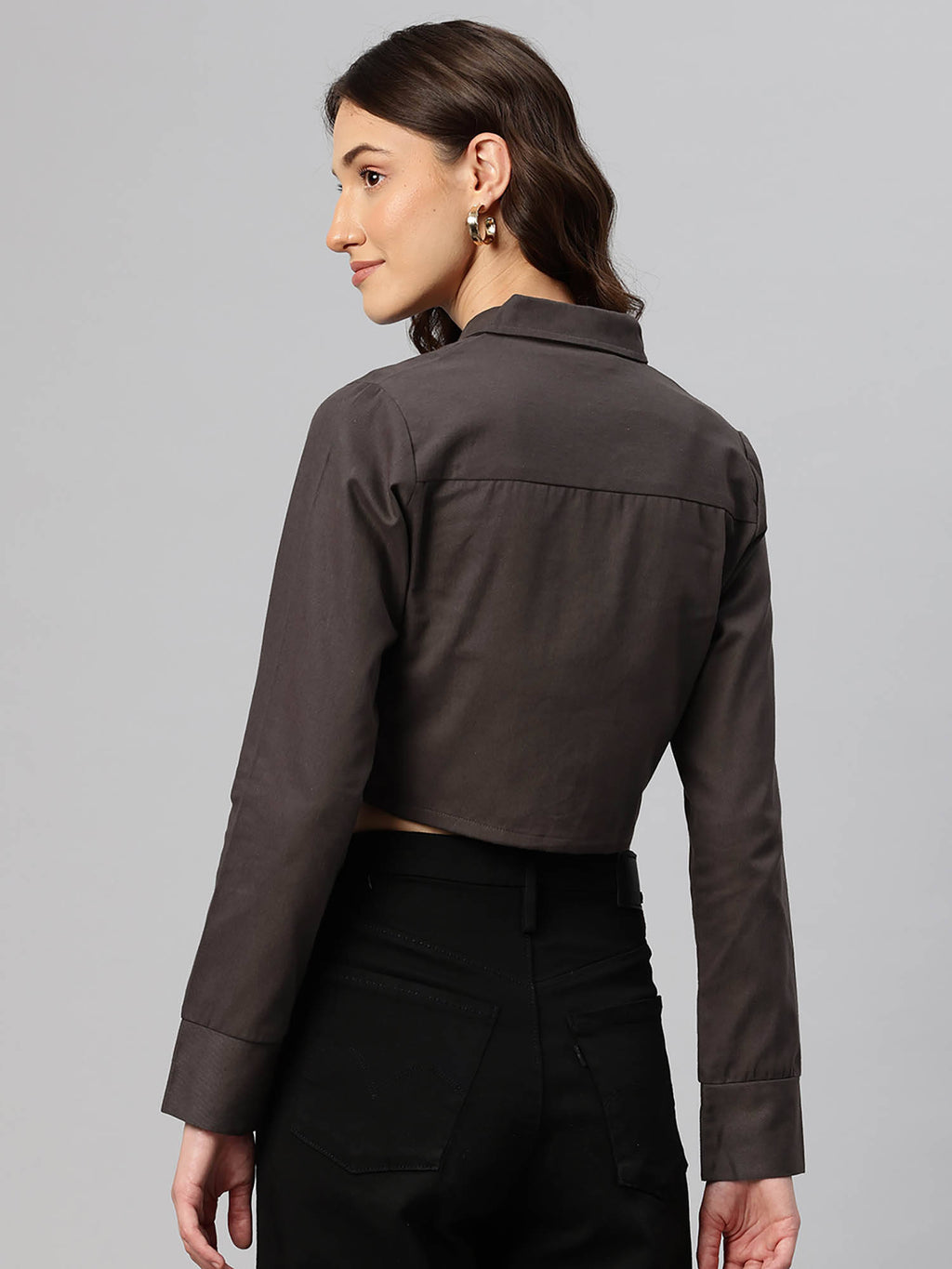 Women Charcoal Solid Pure Cotton Crop Jacket | JC78 - view 2