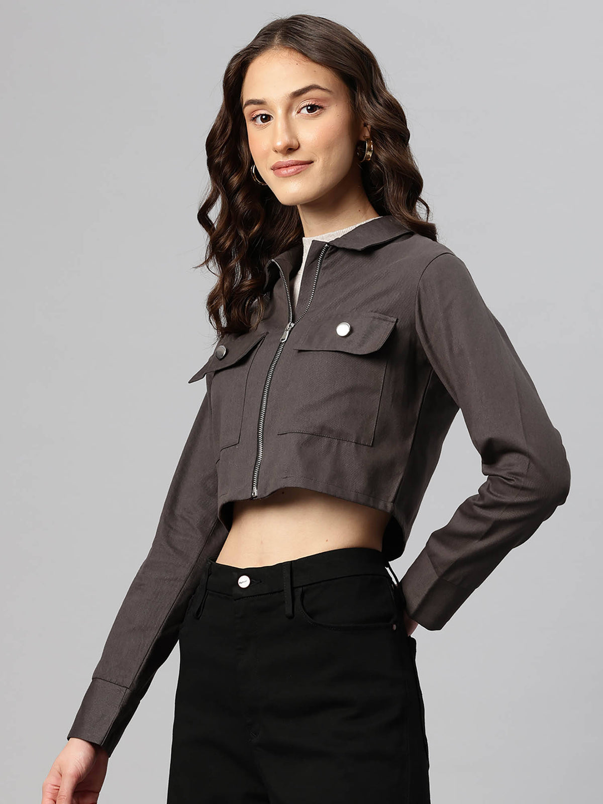 Women Charcoal Solid Pure Cotton Crop Jacket | JC78 - view 3