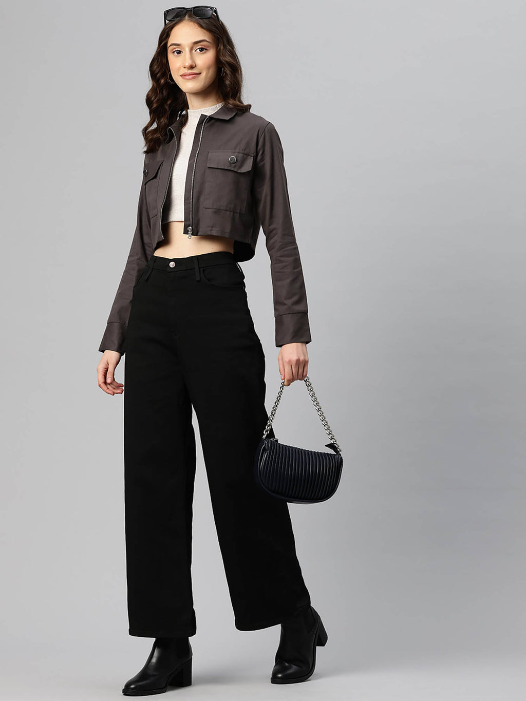 Women Charcoal Solid Pure Cotton Crop Jacket | JC78 - view 7